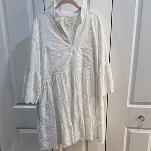 EUC Sail to Sable Plus Size XXL 2X White Eyelet Mini Tunic Dress Mandarin Collar